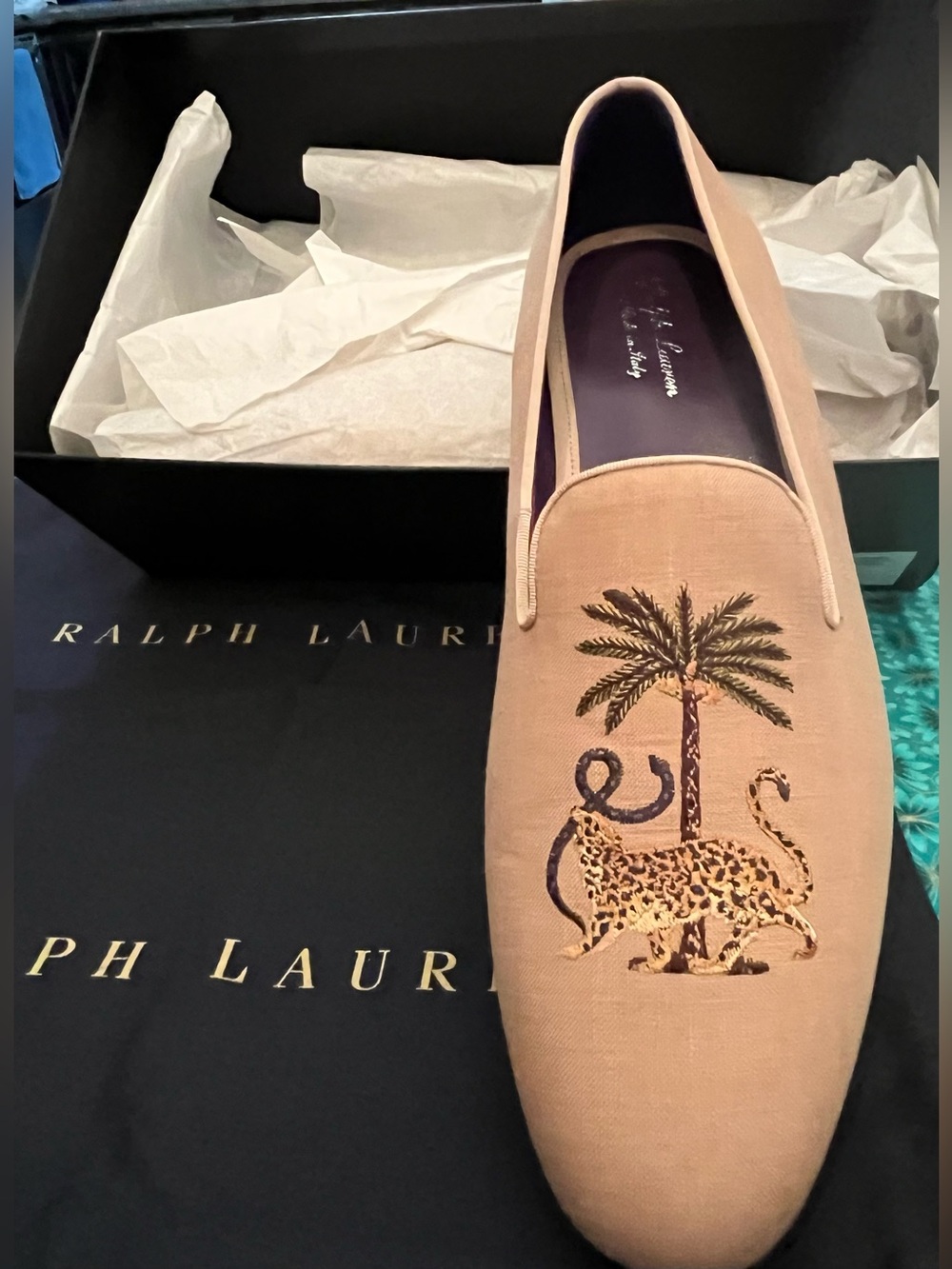 Ralph Lauren Purple Label Tan Embroidered Leopard, Snake & Palm Loafers NIB 12